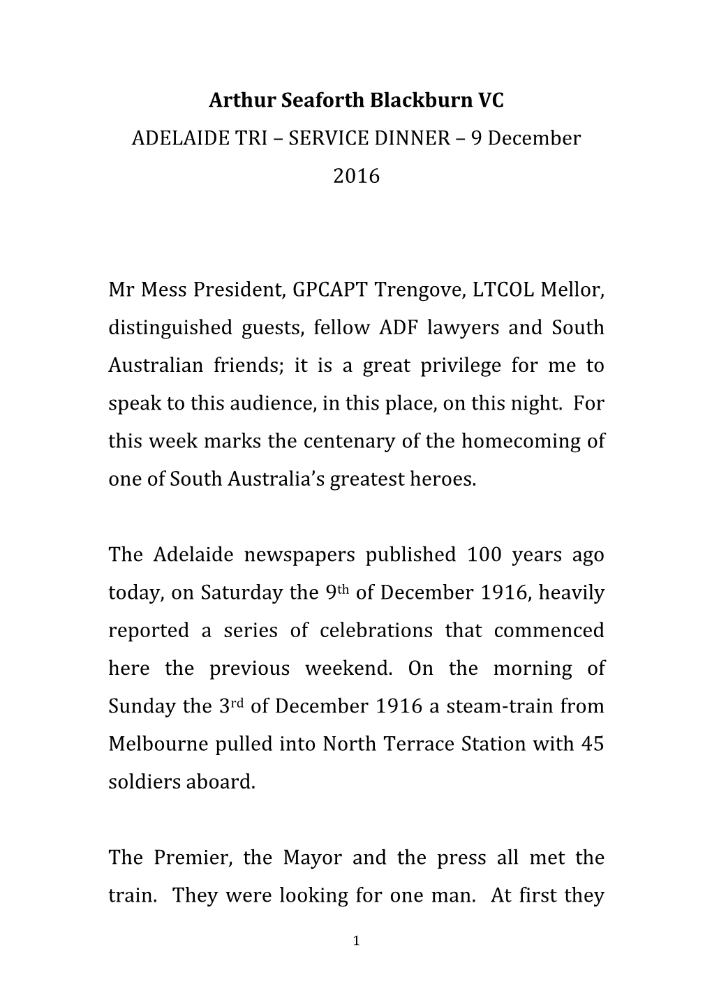 Arthur Seaforth Blackburn VC ADELAIDE TRI – SERVICE DINNER – 9 December 2016