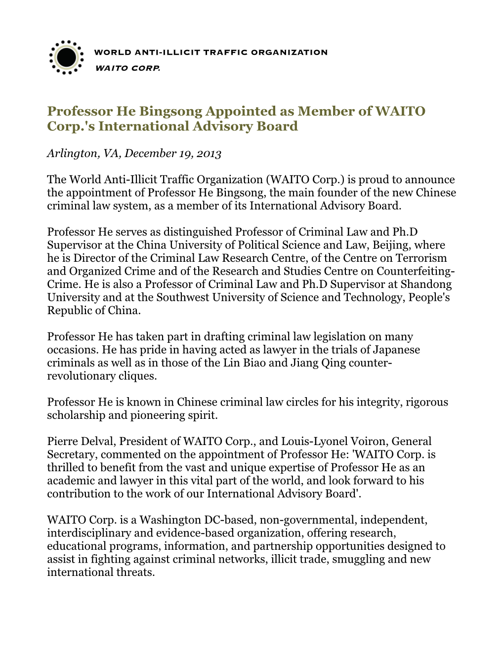 Professor He Bingsong Appointed As Member of WAITO Corp.'S International Advisory Board