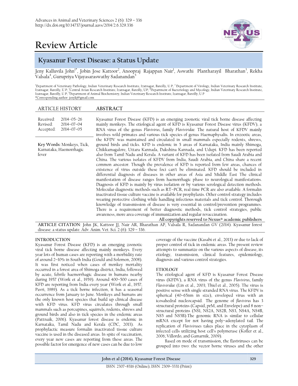 Review Article Kyasanur Forest Disease: a Status Update