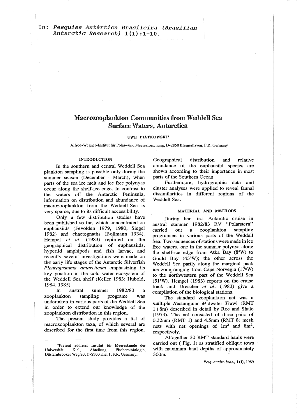 Macrozooplankton Communities from Weddell Sea Surface Waters, Antarctica