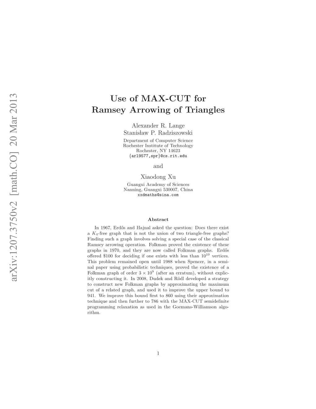 Use of MAX-CUT for Ramsey Arrowing of Triangles