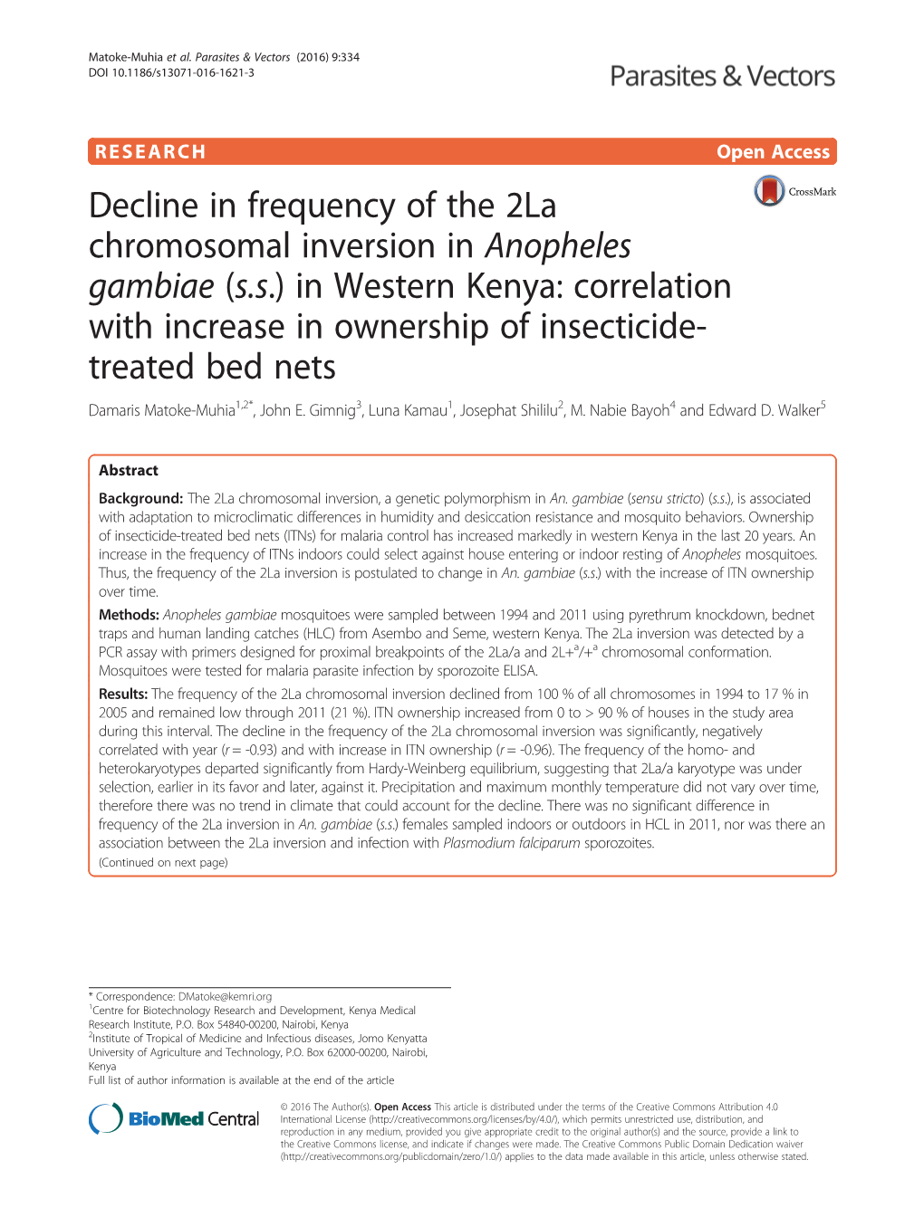 Anopheles Gambiae (S.S.) in Western Kenya: Correlation with Increase in Ownership of Insecticide- Treated Bed Nets Damaris Matoke-Muhia1,2*, John E