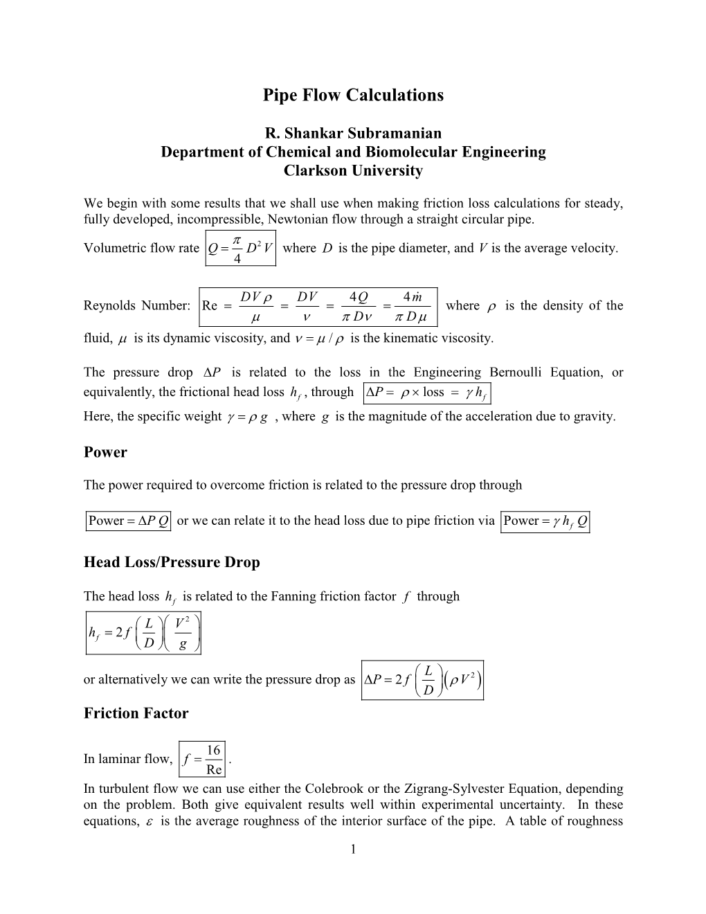 Pipe Flow Calculations