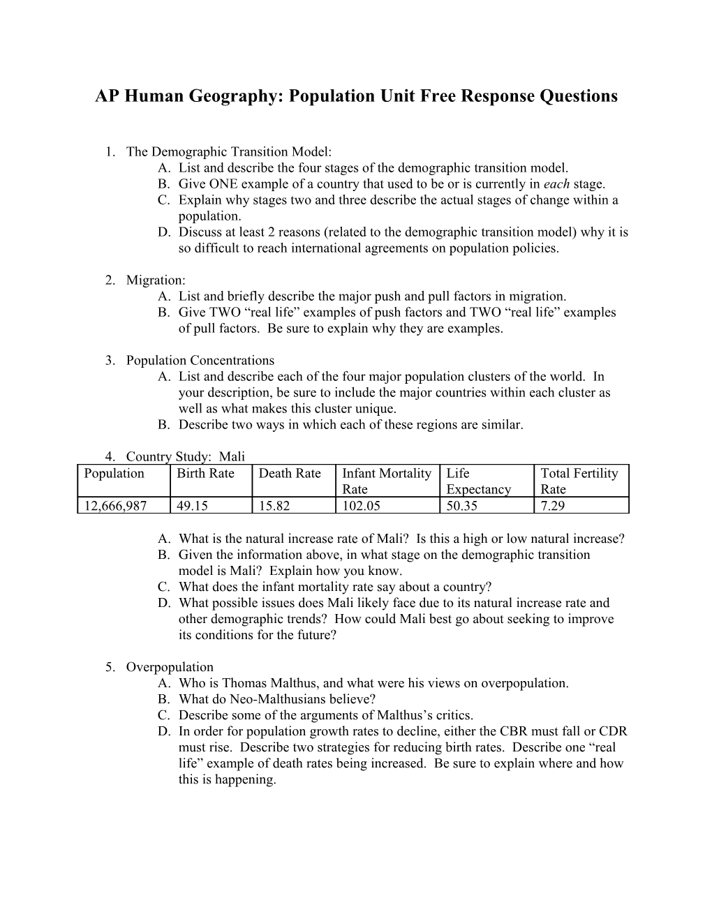 AP Human Geography: Population Unit Essay Question