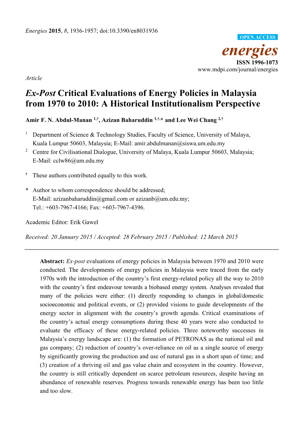 Ex-Post Critical Evaluations of Energy Policies in Malaysia from 1970 to 2010: a Historical Institutionalism Perspective