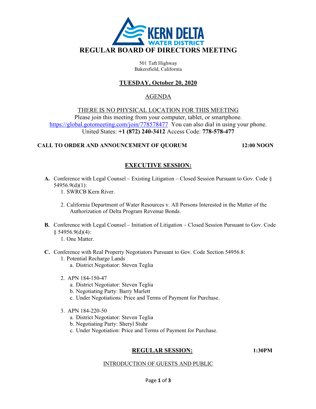 October 20, 2020 Board Agenda