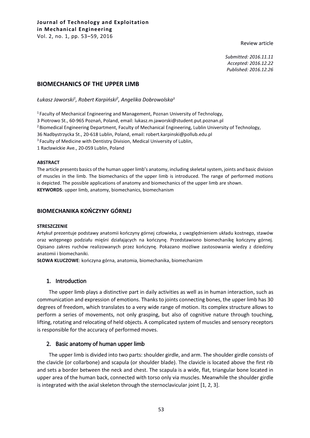 Biomechanics of the Upper Limb