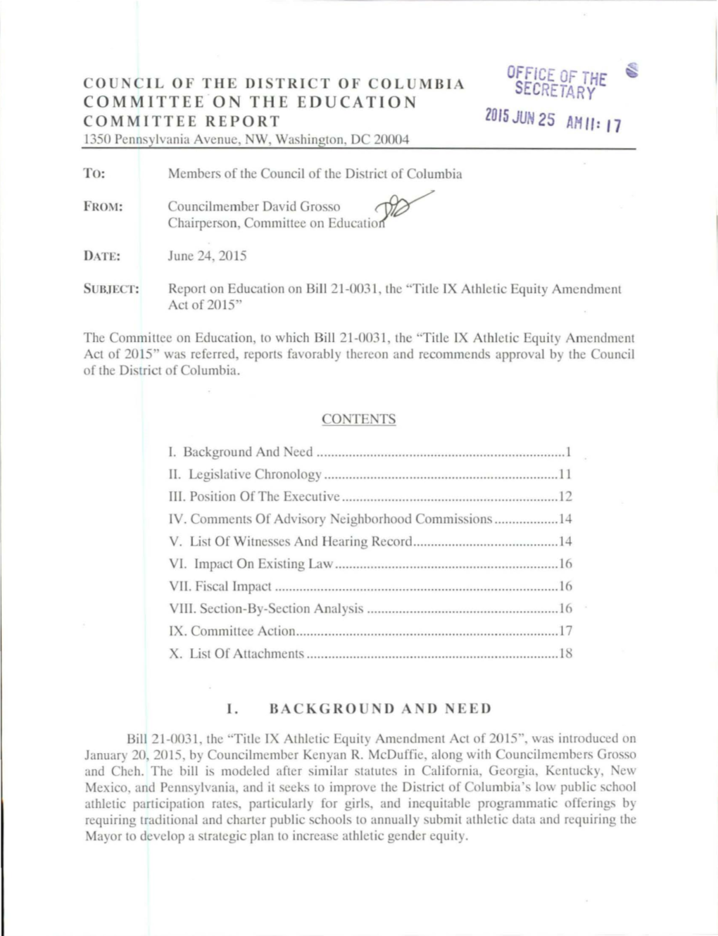 Athletic Equity Amendment Act of 20 15" Was Referred, Reports Favorably Thereon and Recommends Approval by the Council of the District of Columbia