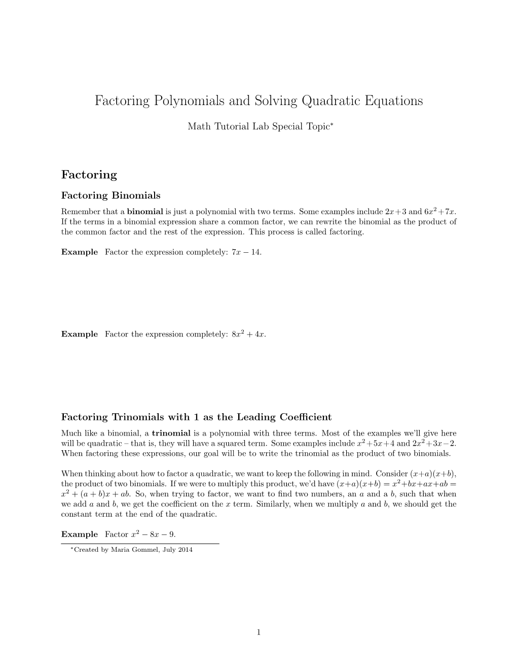 Factoring Polynomials and Solving Quadratic Equations