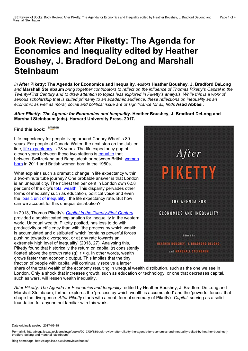 After Piketty: the Agenda for Economics and Inequality Edited by Heather Boushey, J