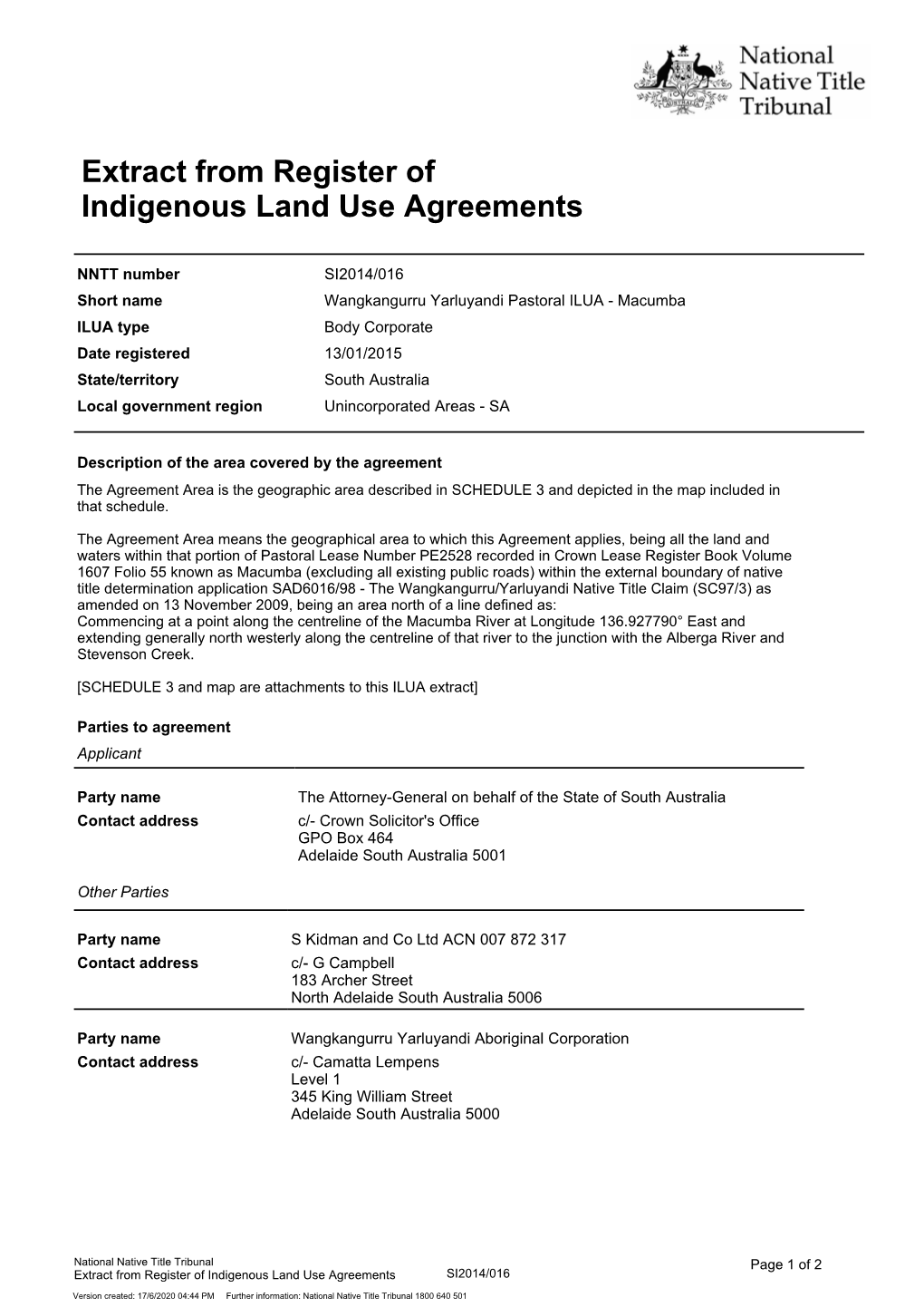 Extract from Register of Indigenous Land Use Agreements