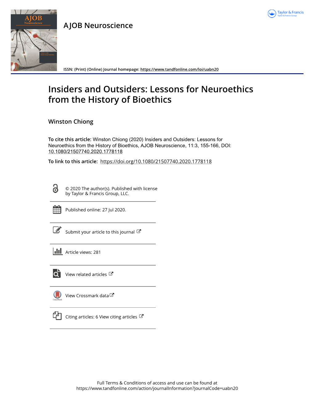 Insiders and Outsiders: Lessons for Neuroethics from the History of Bioethics