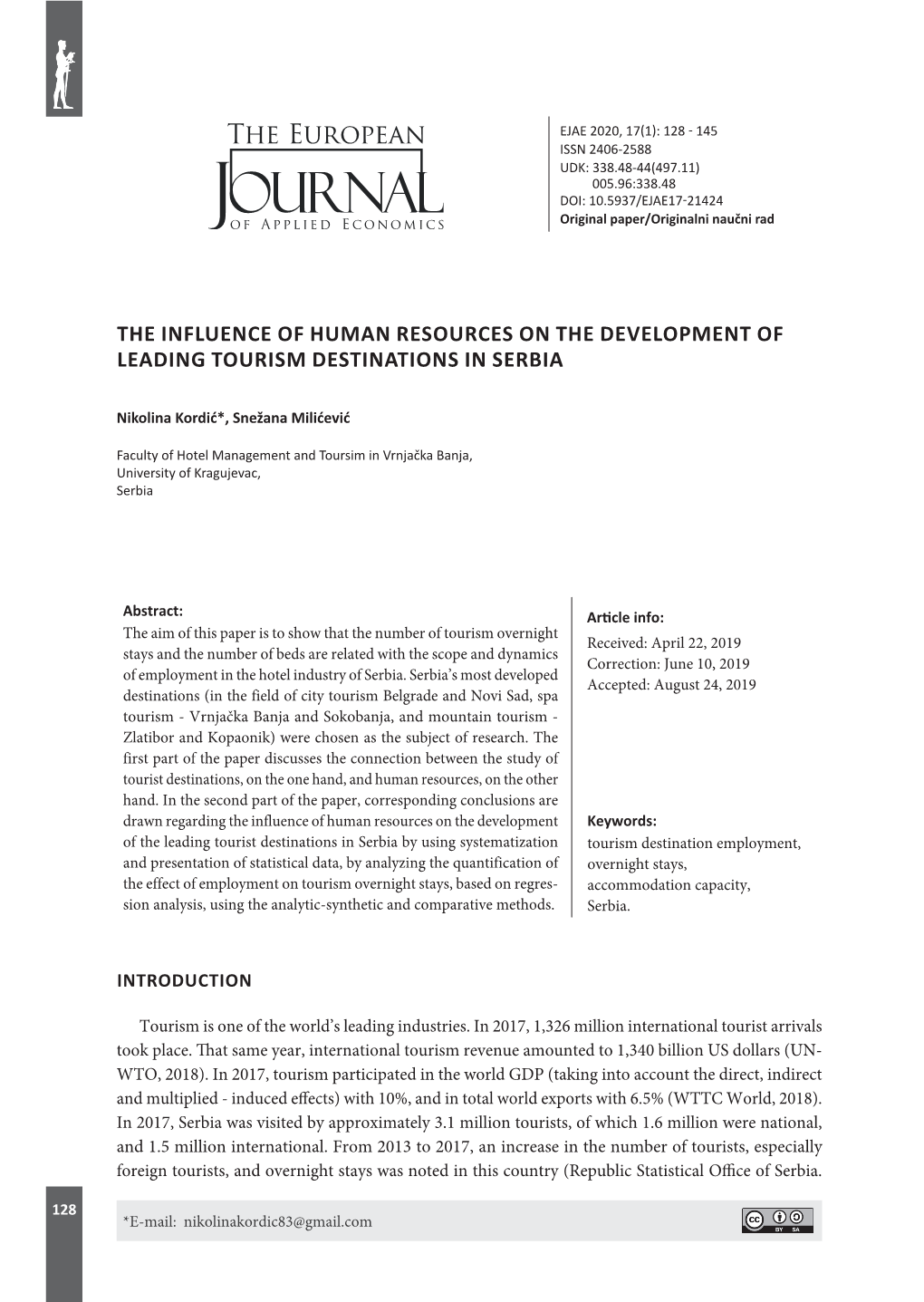 The Influence of Human Resources on the Development of Leading Tourism Destinations in Serbia