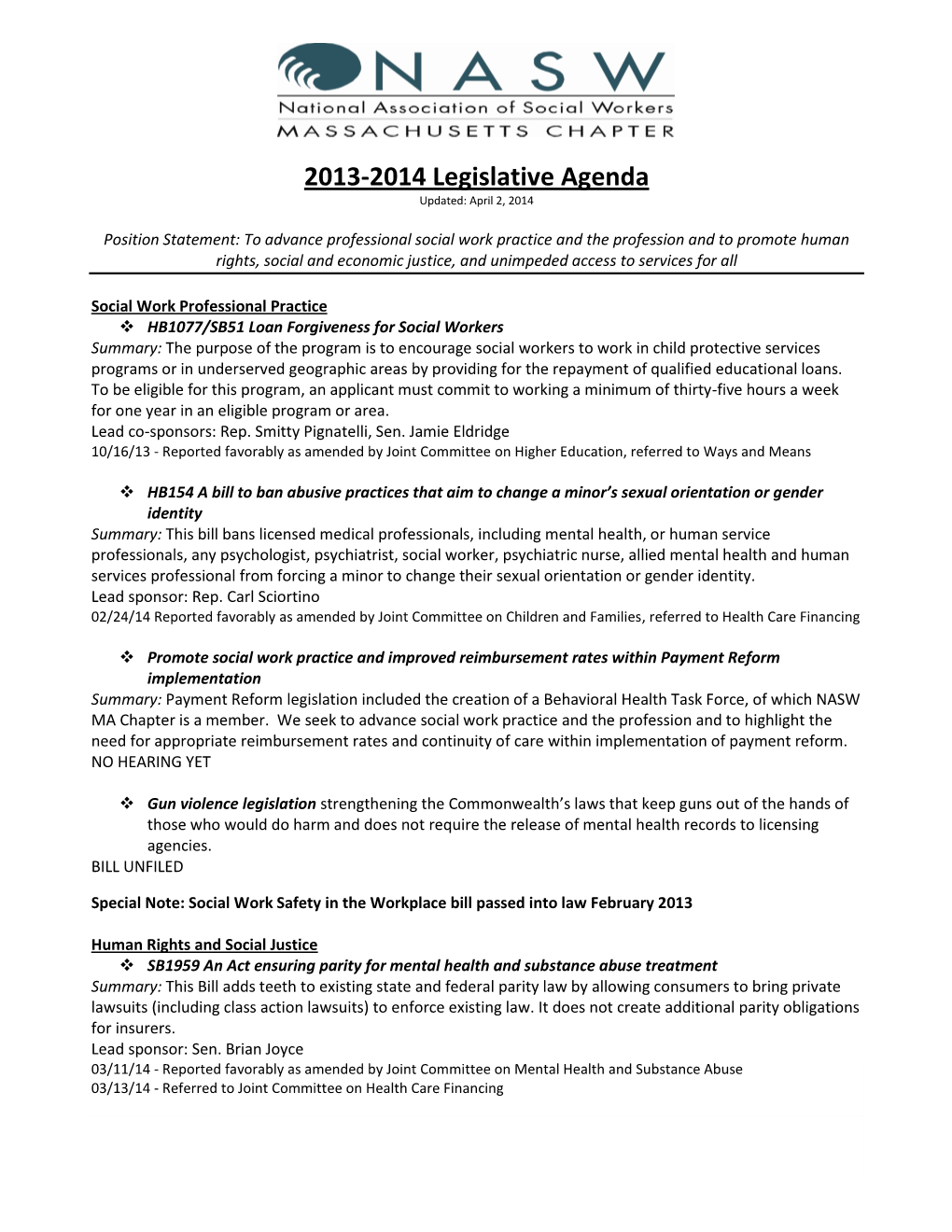 2013-2014 Legislative Agenda Updated: April 2, 2014