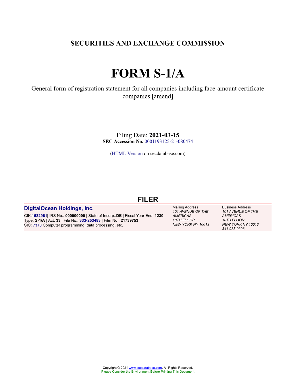 Digitalocean Holdings, Inc. Form S-1/A Filed 2021-03-15