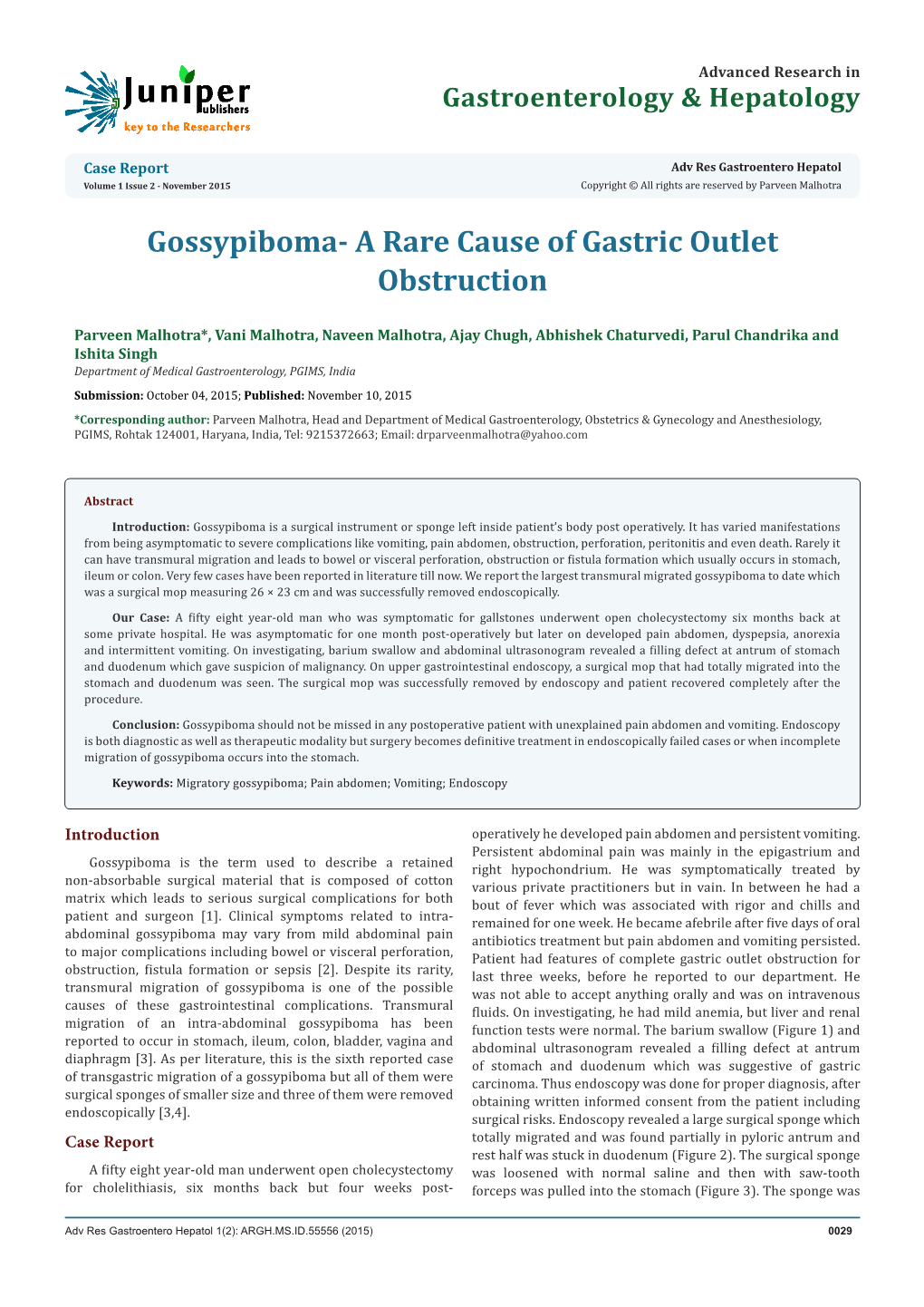 Gossypiboma- a Rare Cause of Gastric Outlet Obstruction