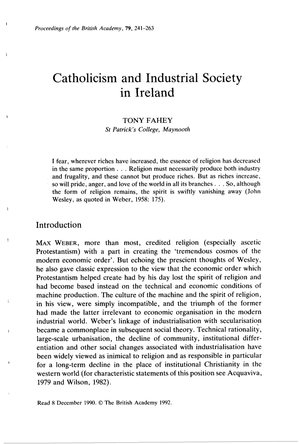 Catholicism and Industrial Society in Ireland