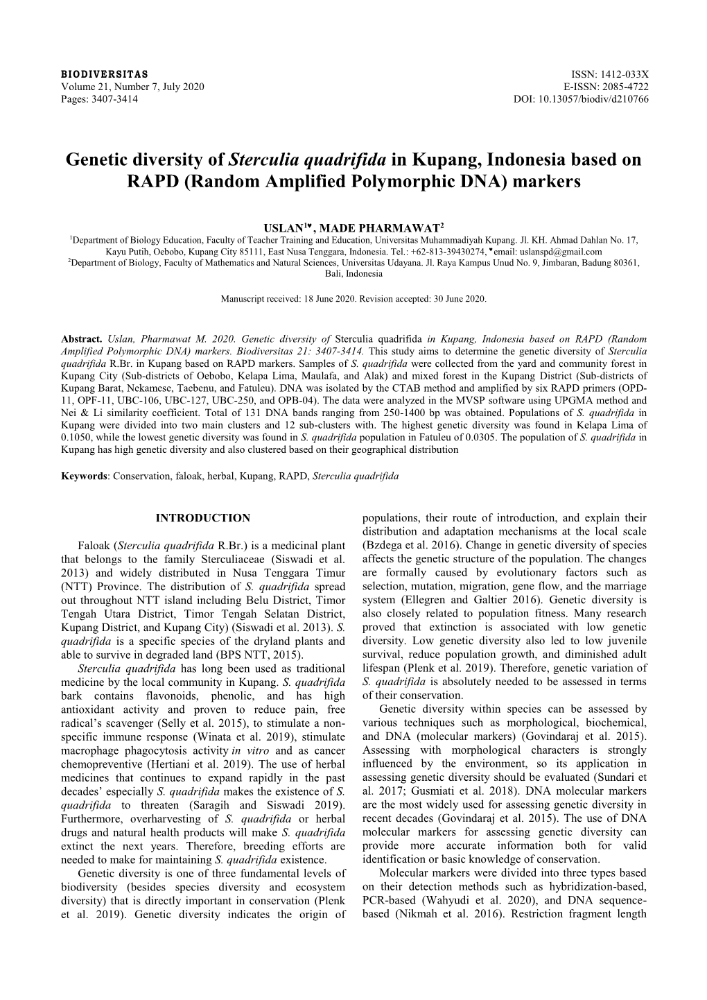 Genetic Diversity of Sterculia Quadrifida in Kupang, Indonesia Based on RAPD (Random Amplified Polymorphic DNA) Markers