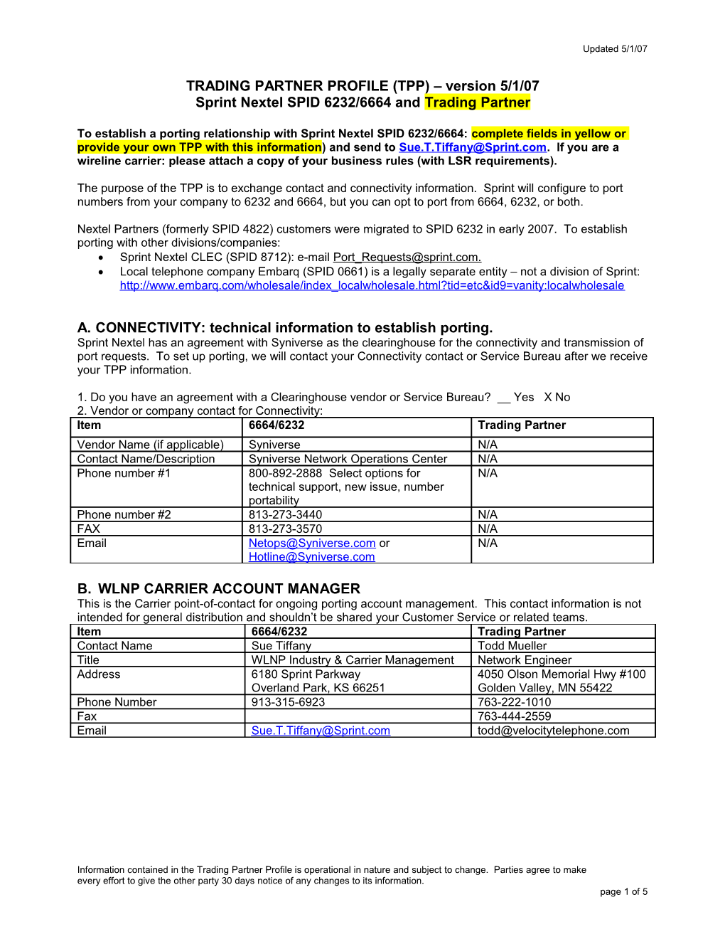 Trading Partner Profile for Porting Between Sprint and Trading Partner