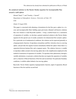 An Analytical Solution to the Navier–Stokes Equation for Incompressible ﬂow Around a Solid Sphere