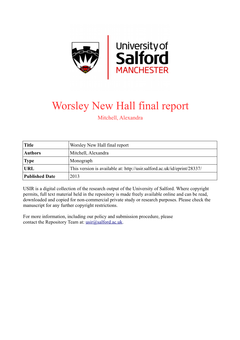 Worsley New Hall Final Report Mitchell, Alexandra