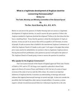 What Is a Legitimate Development of Anglican Doctrine Concerning Homosexuality? Written for the Faith, Worship and Ministry Committee of the General Synod by the Rev