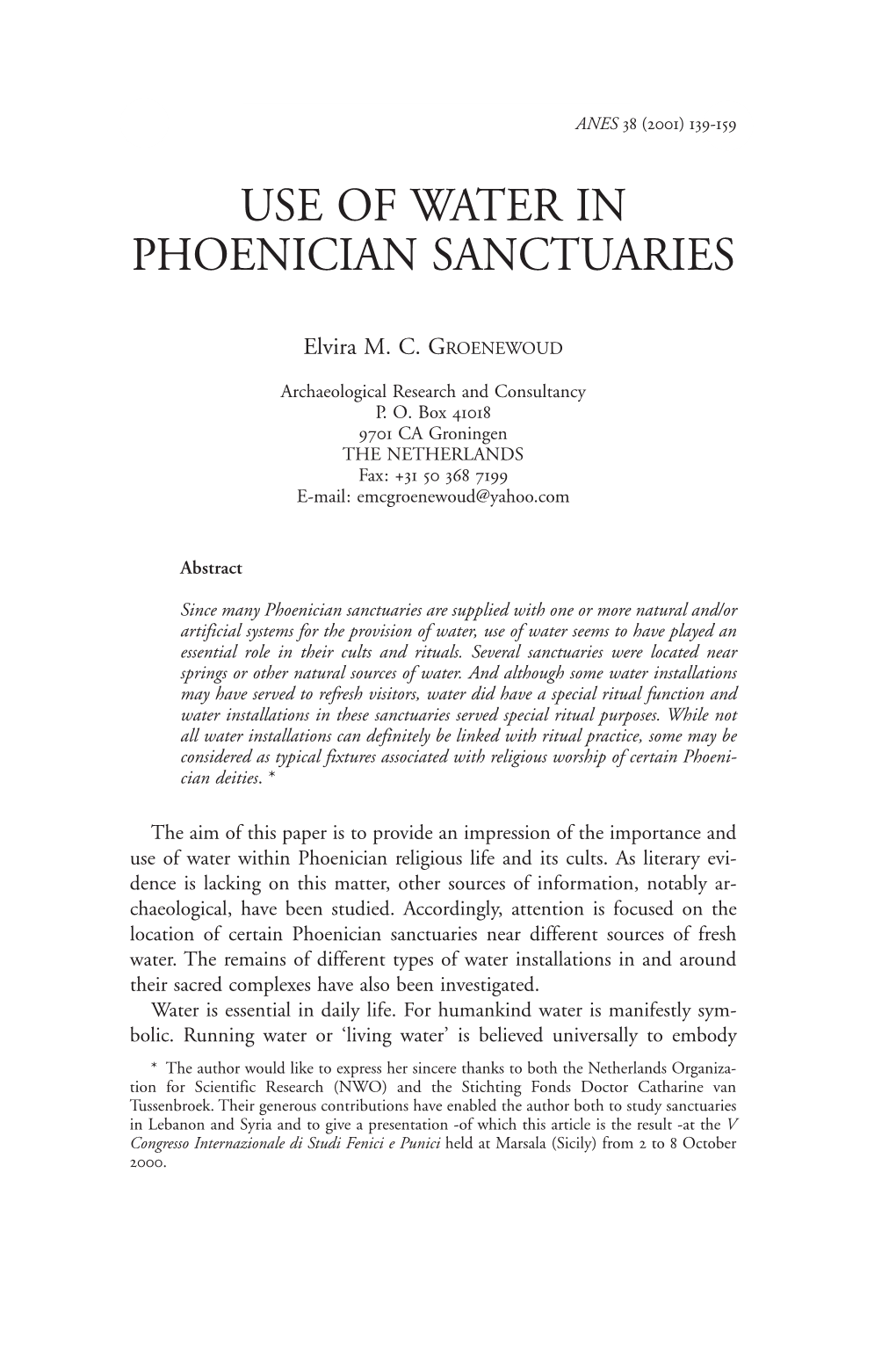 Use of Water in Phoenician Sanctuariesanes 38 (2001) 139-159139