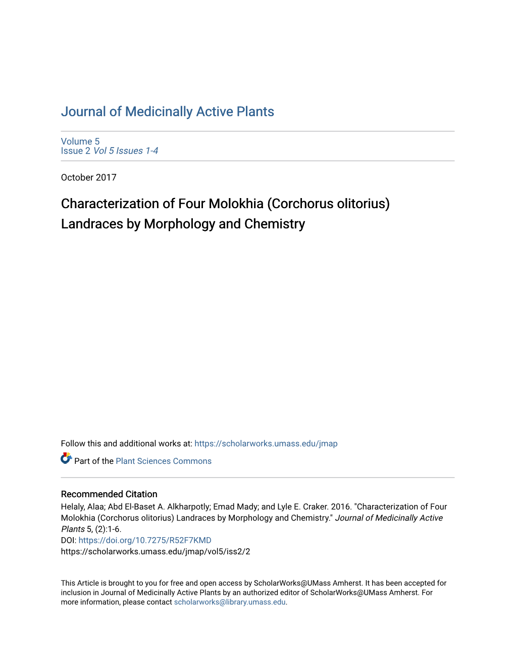 Corchorus Olitorius) Landraces by Morphology and Chemistry