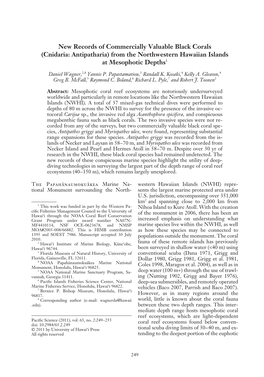 New Records of Commercially Valuable Black Corals (Cnidaria: Antipatharia) from the Northwestern Hawaiian Islands at Mesophotic Depths1