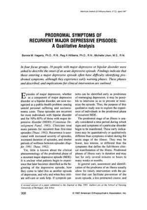 PRODROMAL SYMPTOMS of RECURRENT MAJOR DEPRESSIVE EPISODES: a Qualitative Analysis