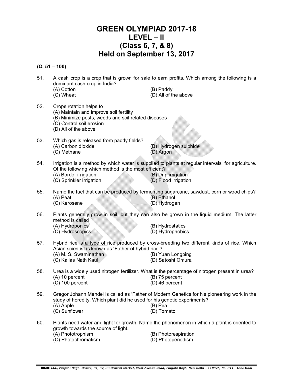 GREEN OLYMPIAD 2017-18 LEVEL – II (Class 6, 7, & 8) Held on September 13, 2017