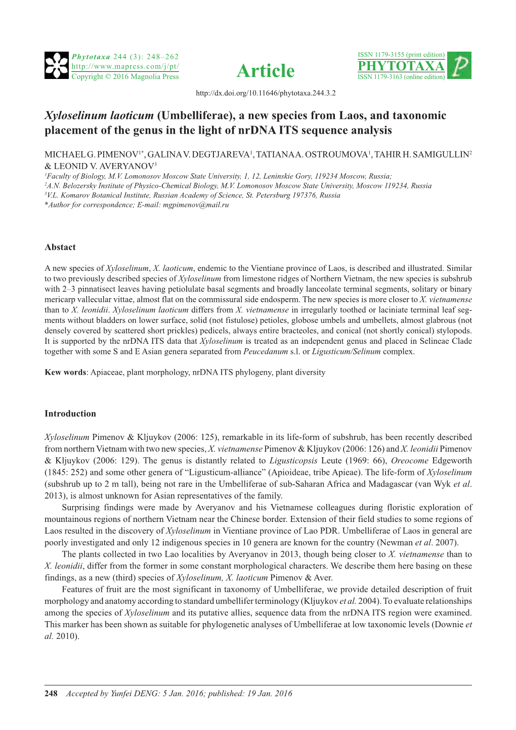 Xyloselinum Laoticum (Umbelliferae), a New Species from Laos, and Taxonomic Placement of the Genus in the Light of Nrdna ITS Sequence Analysis