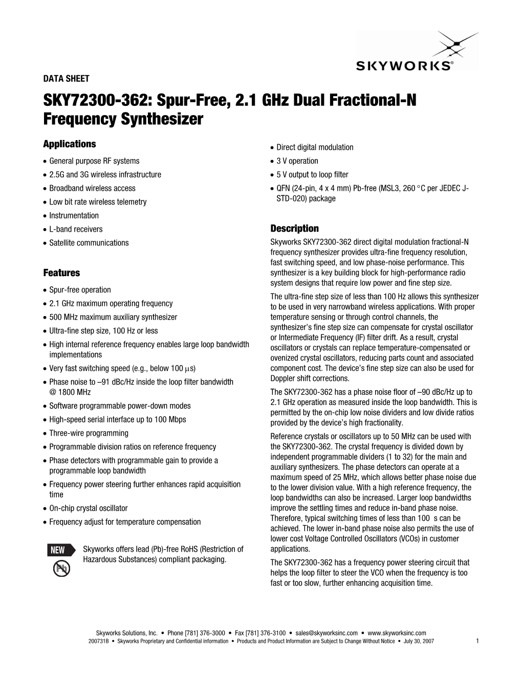 Data Sheets SKY72300-362 Spur-Free,2.1 Ghz Dual Fractional