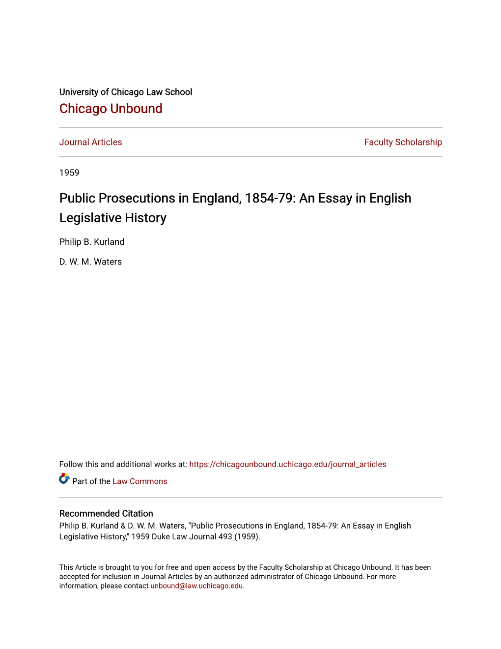 Public Prosecutions in England, 1854-79: an Essay in English Legislative History