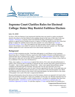 Supreme Court Clarifies Rules for Electoral College: States May Restrict Faithless Electors
