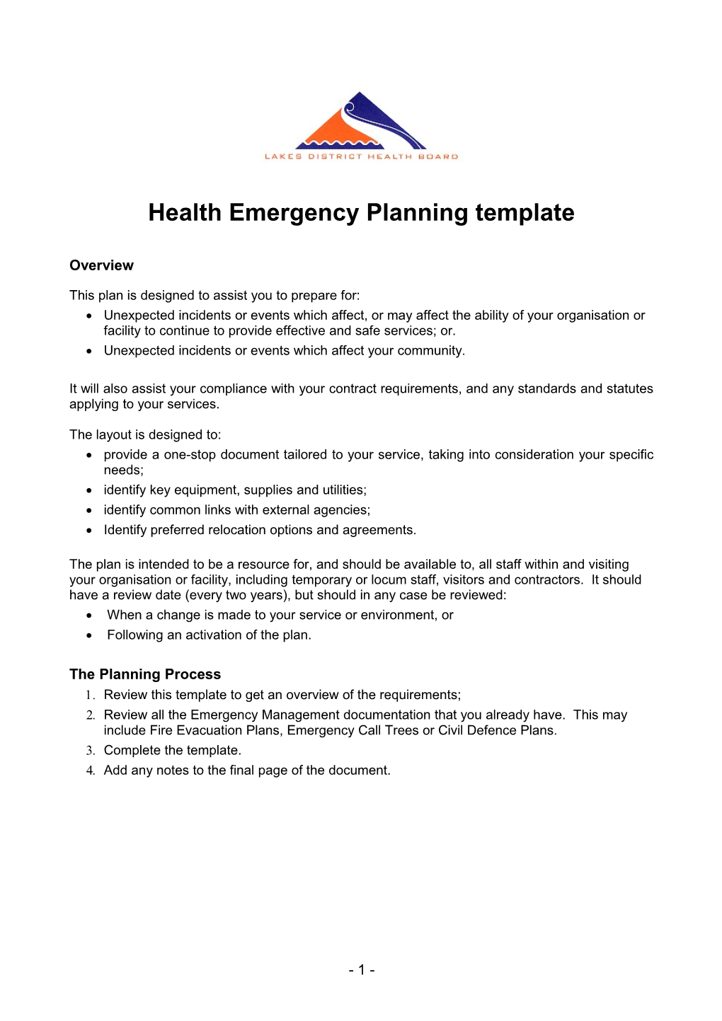 Health Emergency Planning Template