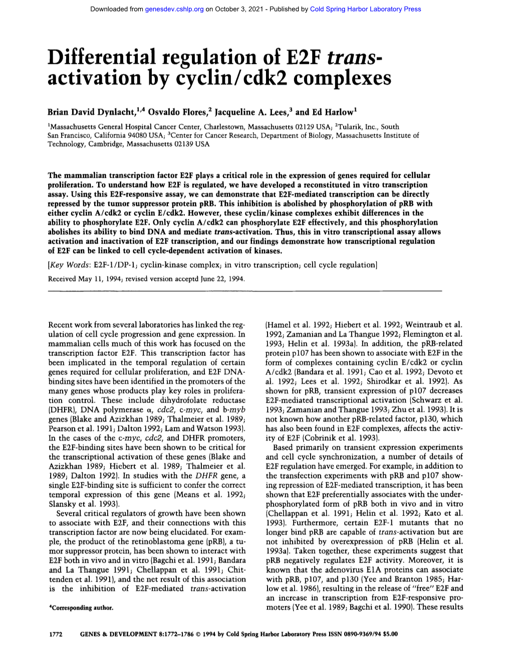 Differential Regulation of E2F Trans- Activation by Cyclin/Cdk2 Complexes