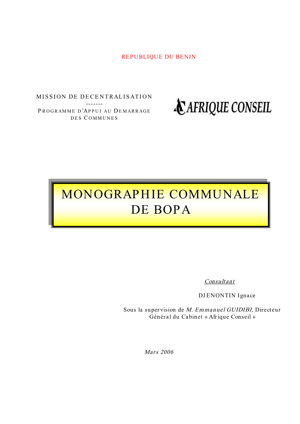 Monographie Communale De Bopa
