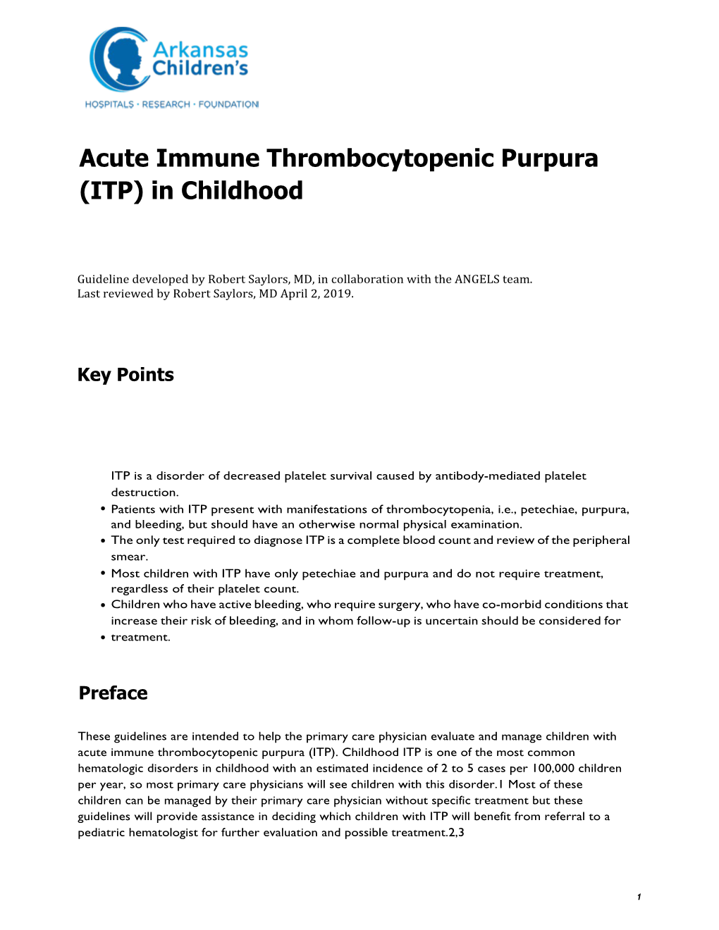 Acute Immune Thrombocytopenic Purpura (ITP) in Childhood