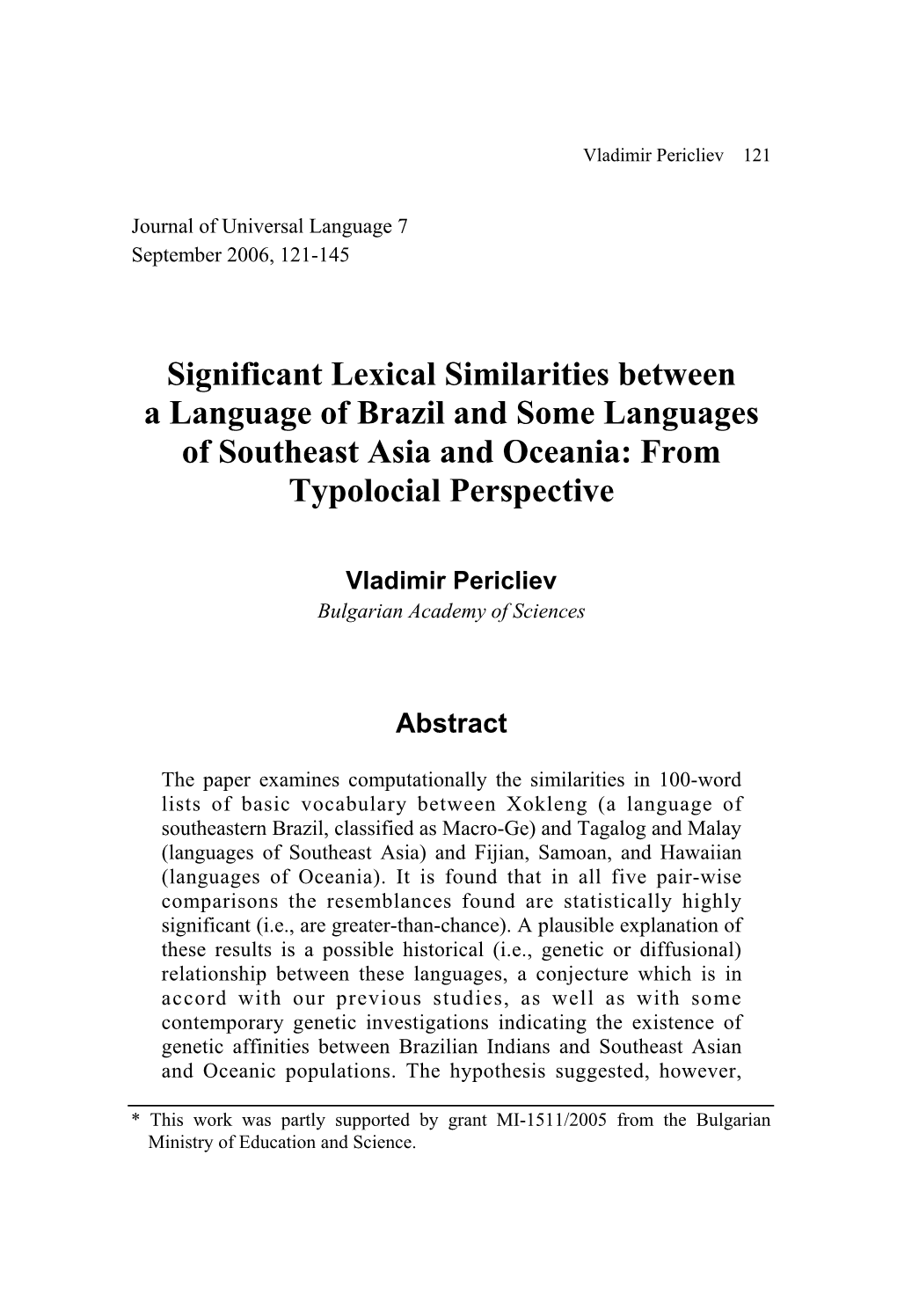 Significant Lexical Similarities Between a Language of Brazil and Some Languages of Southeast Asia and Oceania: from Typolocial Perspective