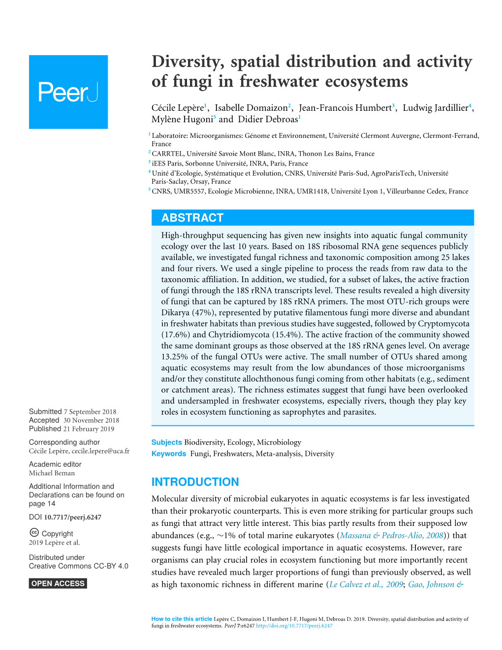 Diversity, Spatial Distribution and Activity of Fungi in Freshwater Ecosystems