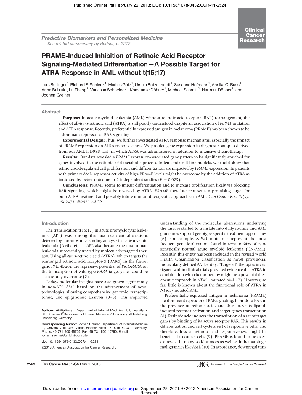 PRAME-Induced Inhibition of Retinoic Acid Receptor Signaling-Mediated Differentiation—A Possible Target for ATRA Response in AML Without T(15;17)