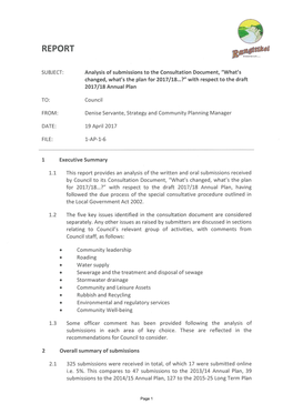 Analysis of Submissions to the Consultation Document with Respect to the Draft Annual Plan 2017/18