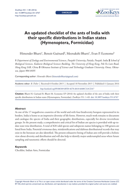 An Updated Checklist of the Ants of India with Their Specific