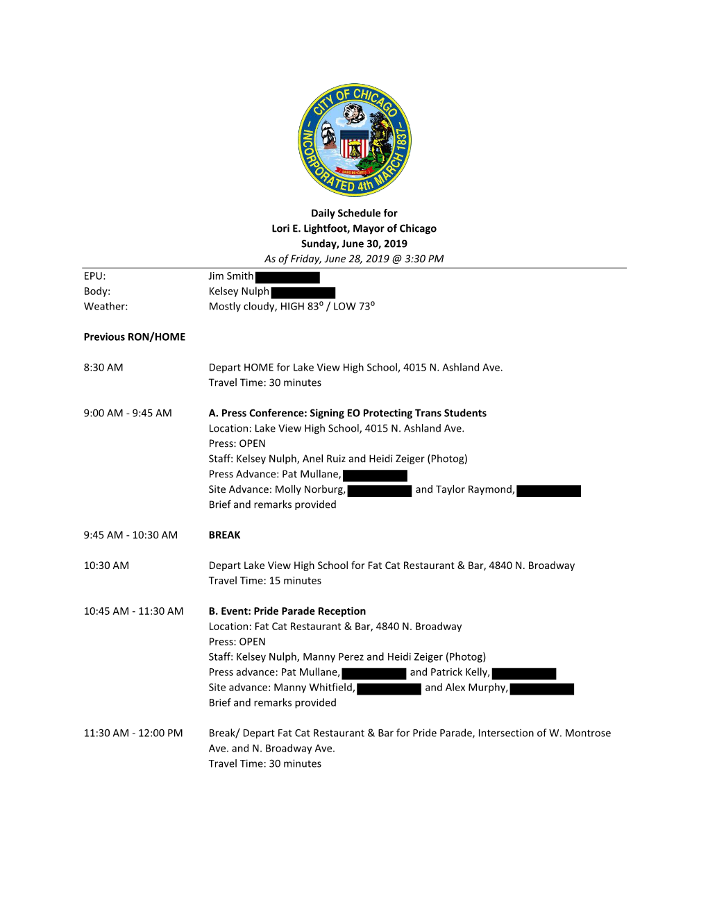Daily Schedule for Lori E. Lightfoot, Mayor of Chicago Sunday, June 30