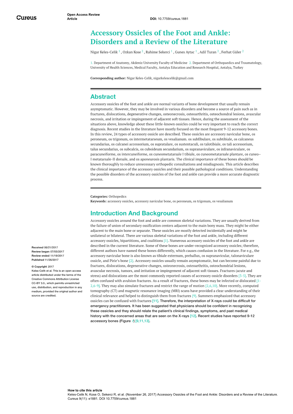 Accessory Ossicles of the Foot and Ankle: Disorders and a Review of the Literature