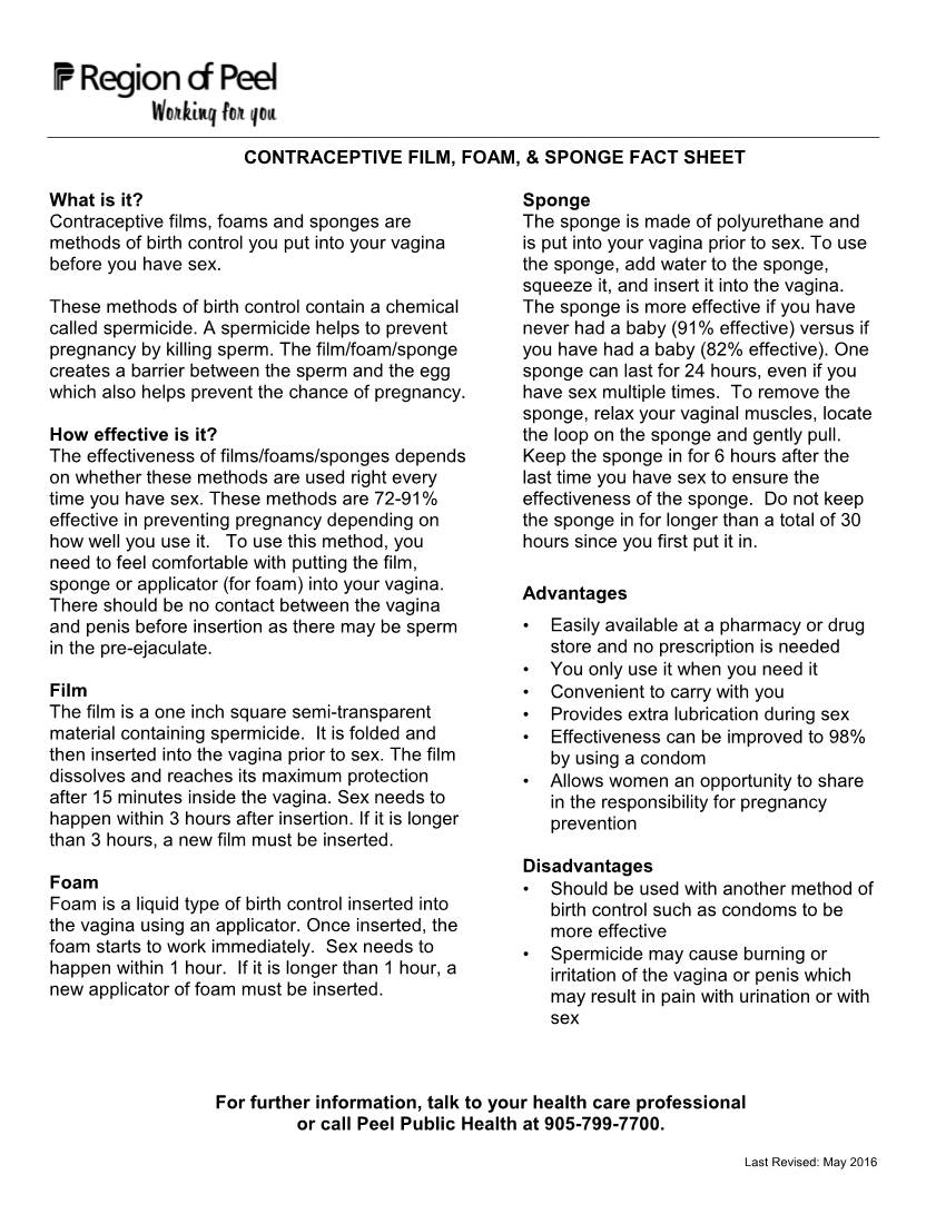 Contraceptive Film, Foam, & Sponge Fact Sheet (PDF)