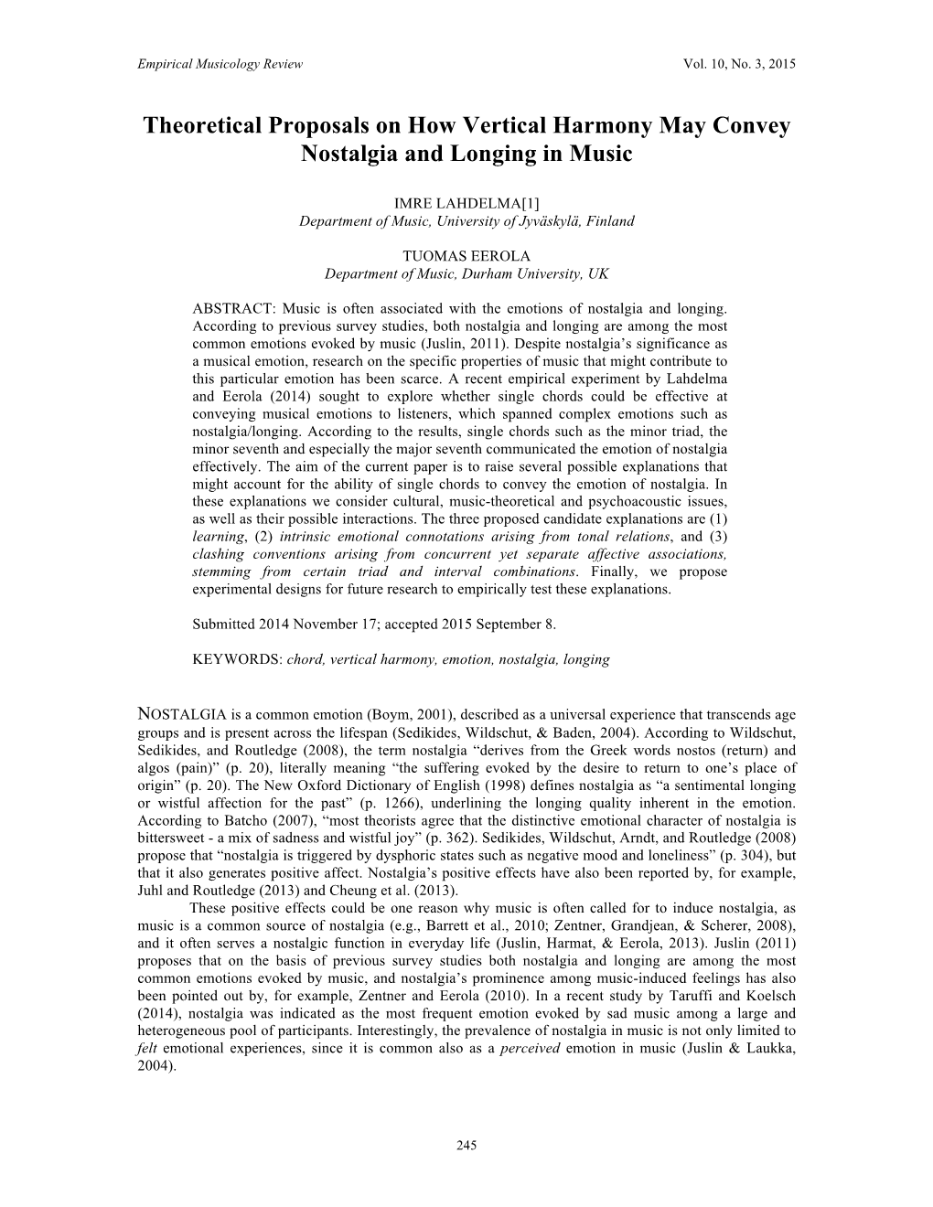 Theoretical Proposals on How Vertical Harmony May Convey Nostalgia and Longing in Music