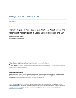 From Pedagogical Sociology to Constitutional Adjudication: the Meaning of Desegregation in Social Science Research and Law