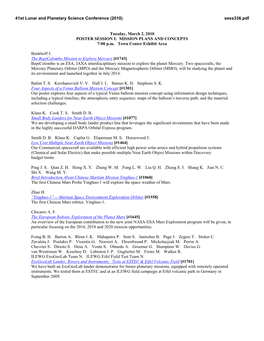 Tuesday, March 2, 2010 POSTER SESSION I: MISSION PLANS and CONCEPTS 7:00 P.M